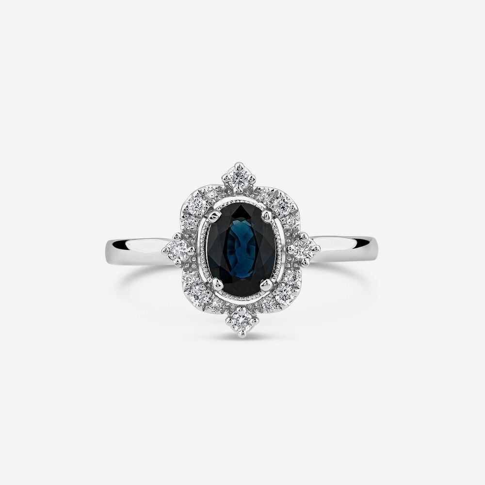 9ct White Gold Oval Sapphire & 0.16ct Vintage Diamond Halo Ring
