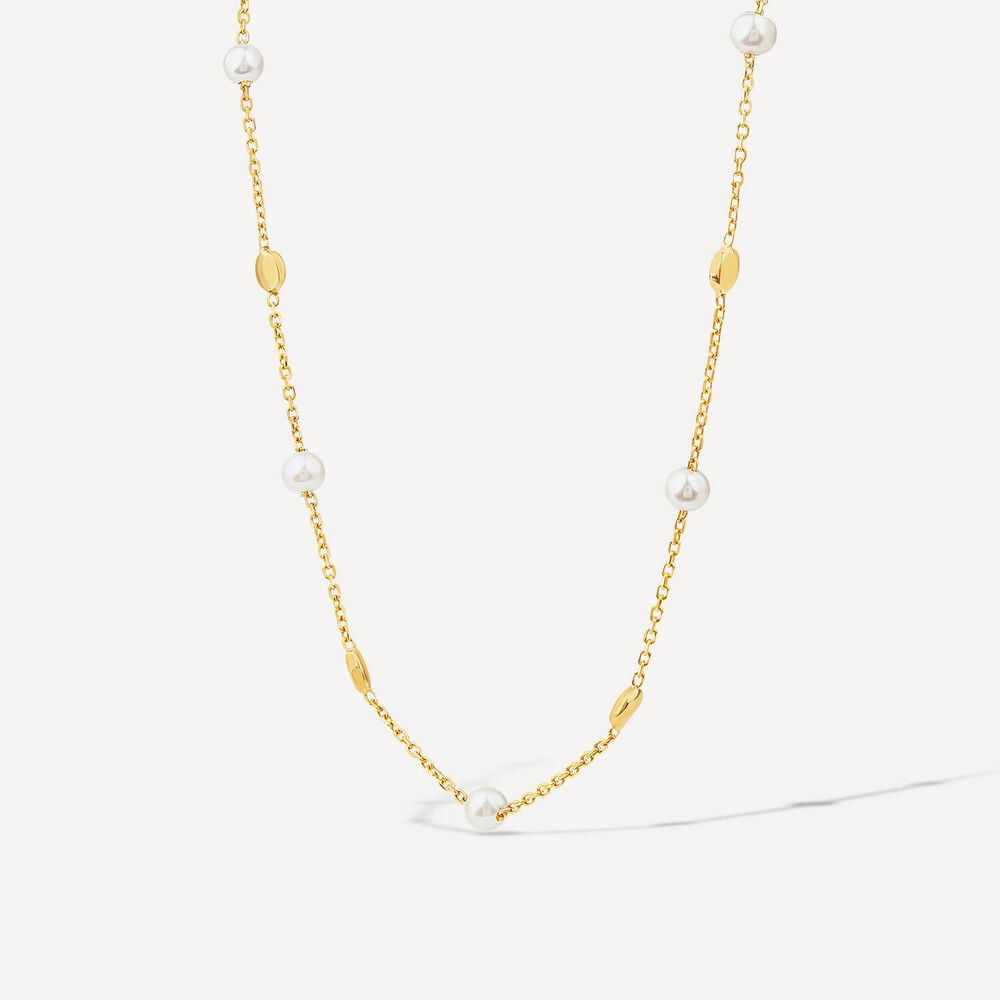 9ct Yellow Gold Pearl & Bead Station Necklet