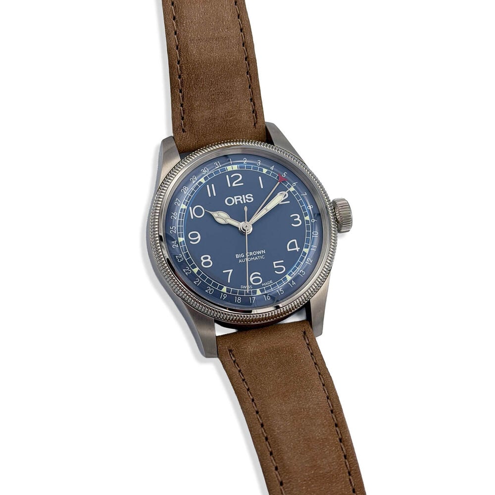 Pre-Owned Oris Big Crown Pointer Date 40mm Blue Dial Brown Leather Strap Watch