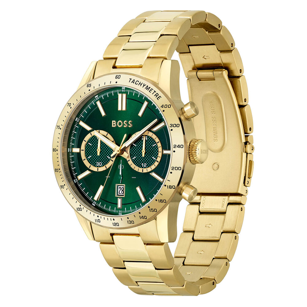 BOSS Allure Chronograph 44mm Quartz Green Dial Yellow Gold IP Case Bracelet Watch image number 1