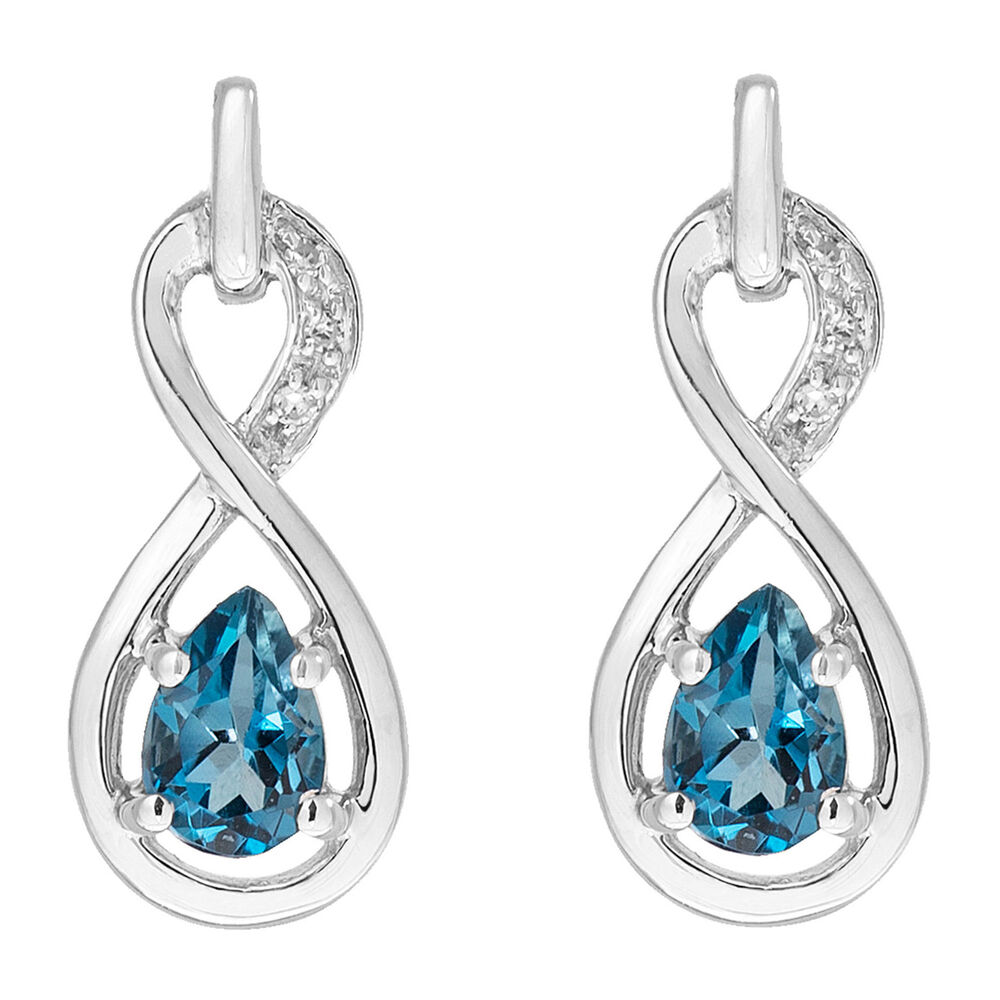 9ct white gold pear London blue topaz and diamond twist earrings