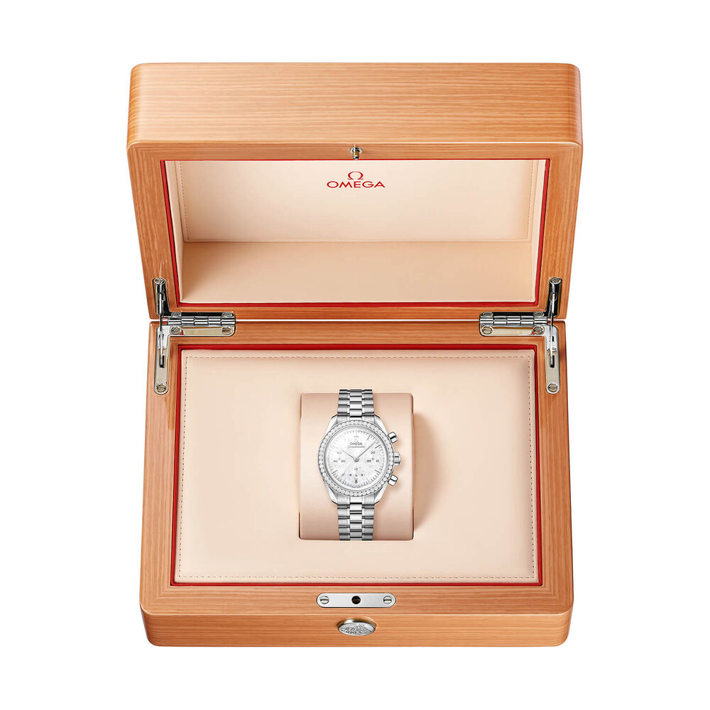 OMEGA Speedmaster 38mm White Mother of Pearl Dial Diamond Set Bezel Steel Bracelet Watch