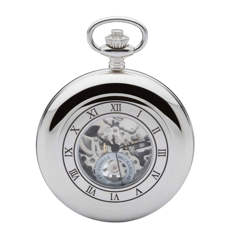 Jean Pierre Polished Chrome Mechanical Double Half Hunter Heartbeat Window Pocket Watch