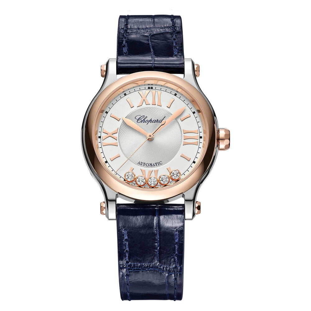 Chopard Happy Sport 33mm Five Floating Diamonds Silver Dial Blue Strap Watch image number 0
