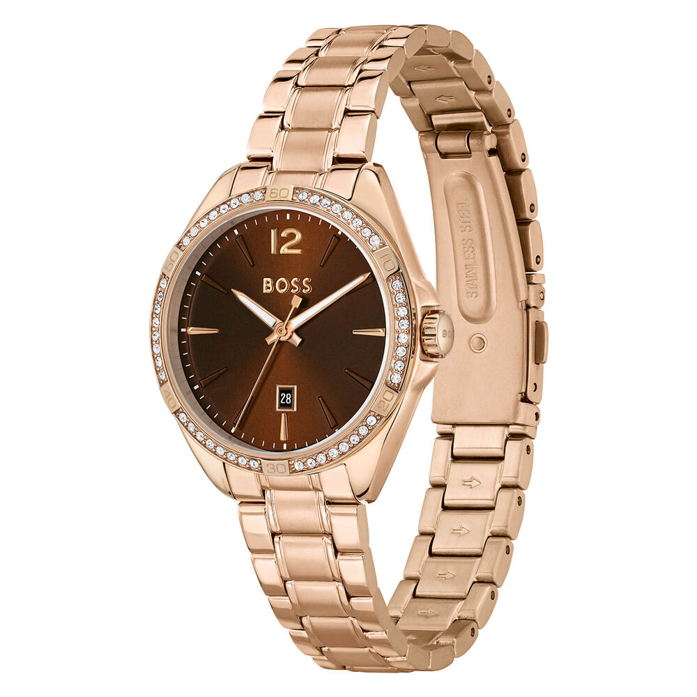 BOSS Felina 32mm Quartz Brown Dial Cubic Zirconia Bezel Rose Gold IP Case Bracelet Watch image number 1