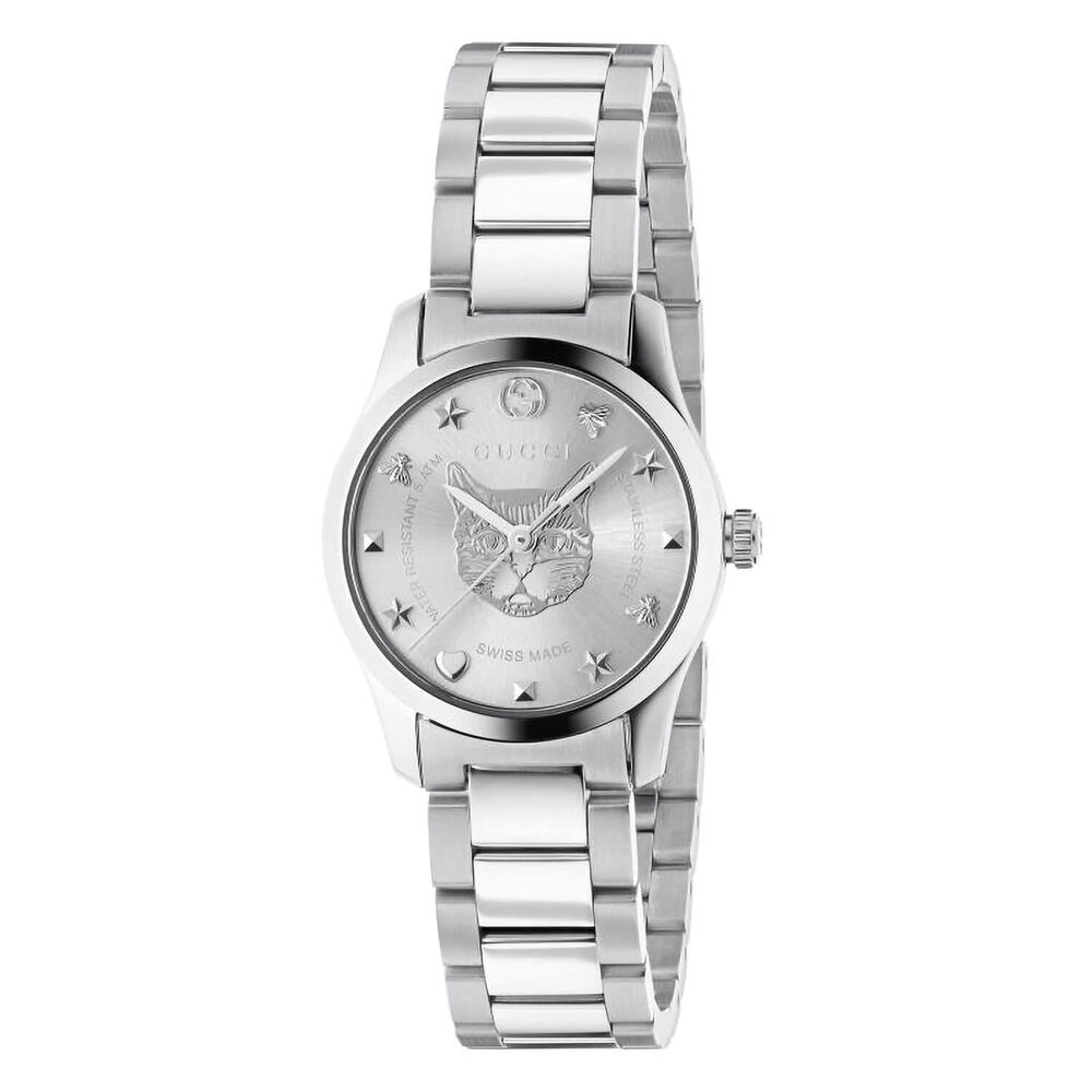 Gucci G-Timeless 27mm Feline Dial Silver Bracelet Ladies' Watch