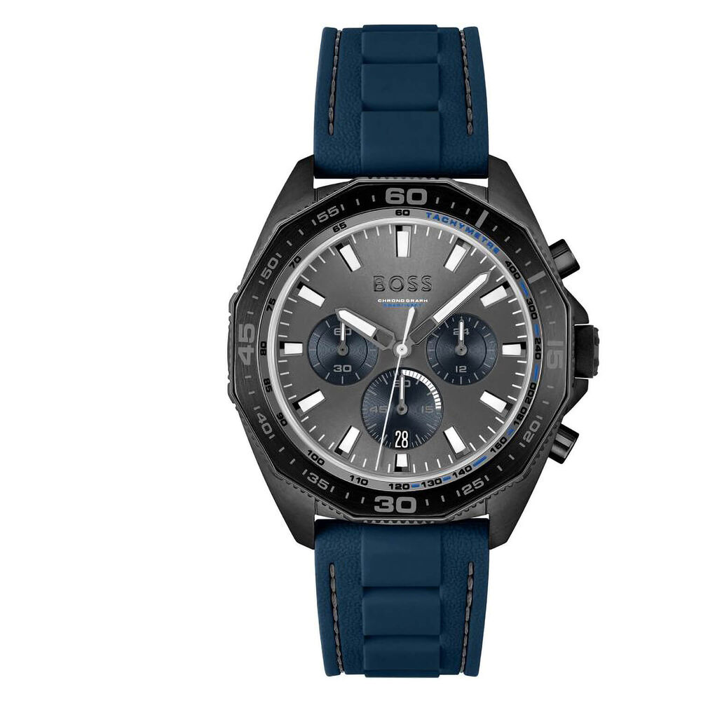 BOSS Energy 44mm Grey Dial Black PVD Case Blue Rubber Strap Chrono Watch