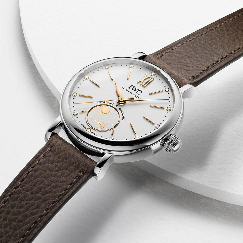 IWC Schaffhausen Portofino Automatic Day & Night 34mm White Dial Taupe Leather Strap Watch image number 5