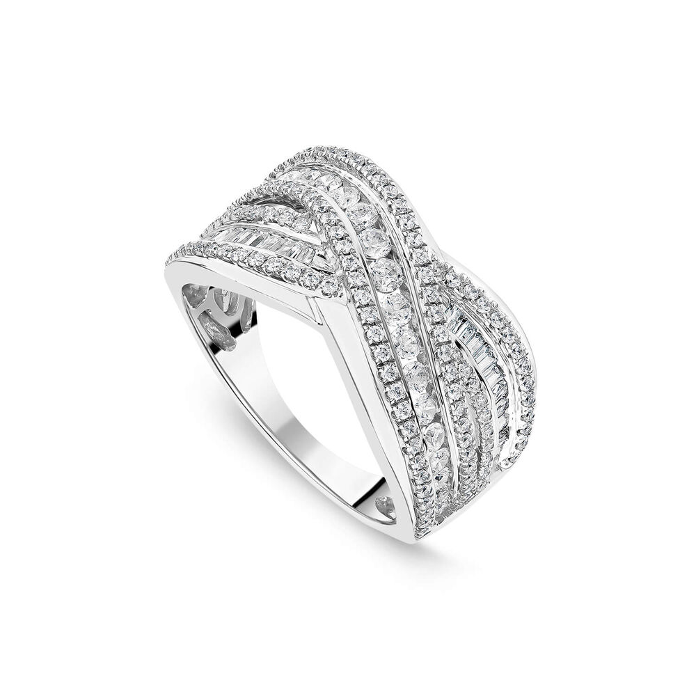 Platinum 1.00ct Round & Baguette Diamond Crossover Band Ring image number 0