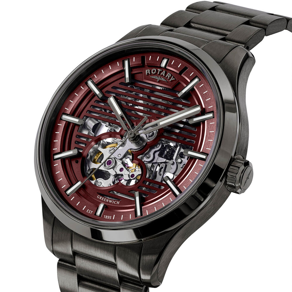 Rotary Greenwich Skeleton 42mm Red Dial Gunmetal Stainless Steel Bracelet Watch