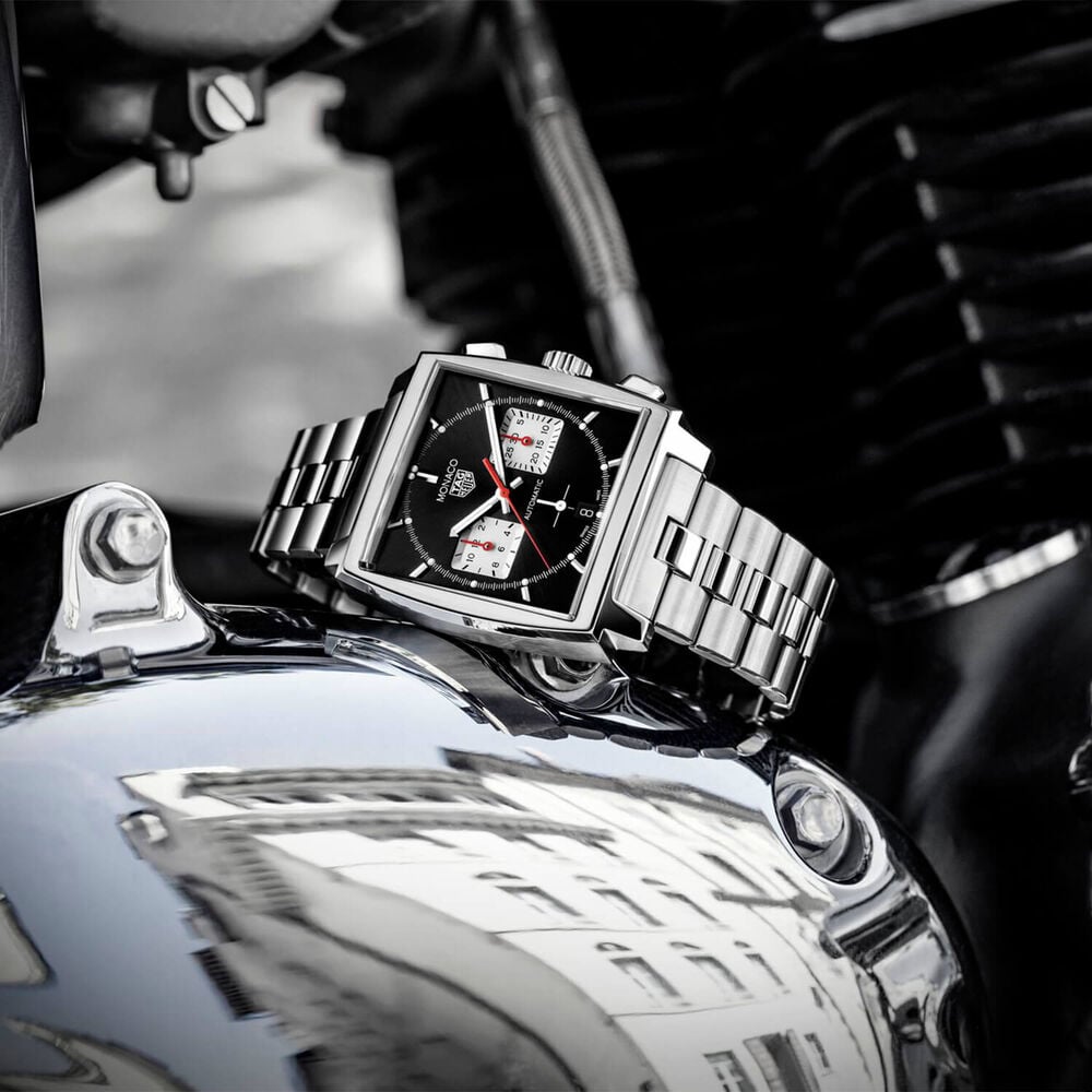 TAG Heuer Monaco 39mm Black Dial Chronograph Steel Case Bracelet Watch image number 2