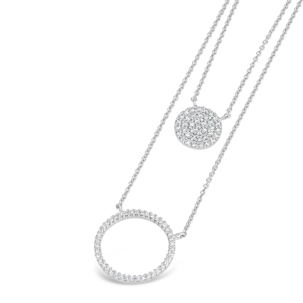 Sterling Silver Cubic Zirconia Circle Disc Double Chain Necklet
