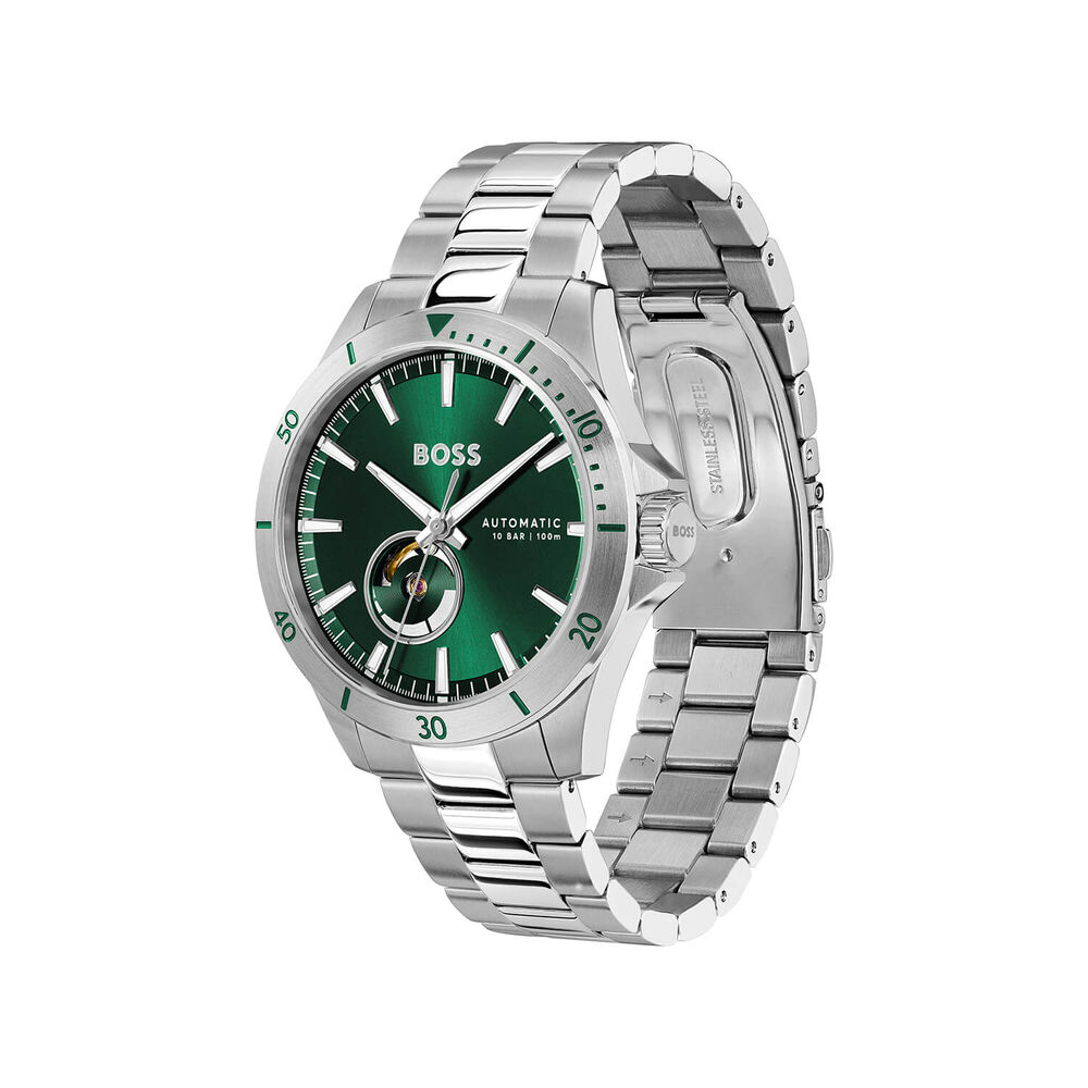 BOSS Troper Automatic 42mm Green Open Heart Dial Steel Bracelet Watch image number 3