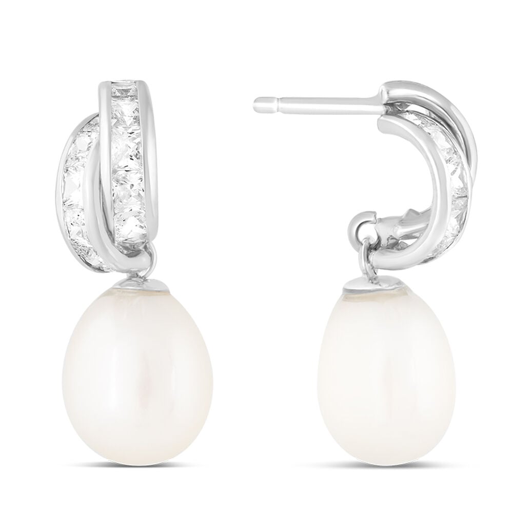 9ct white gold freshwater cultured pearl cubic zirconia drop earrings