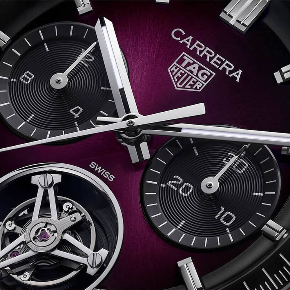 TAG Heuer Carrera Chronograph Tourbillon 42mm Purple Dial Black Leather Strap Watch image number 3