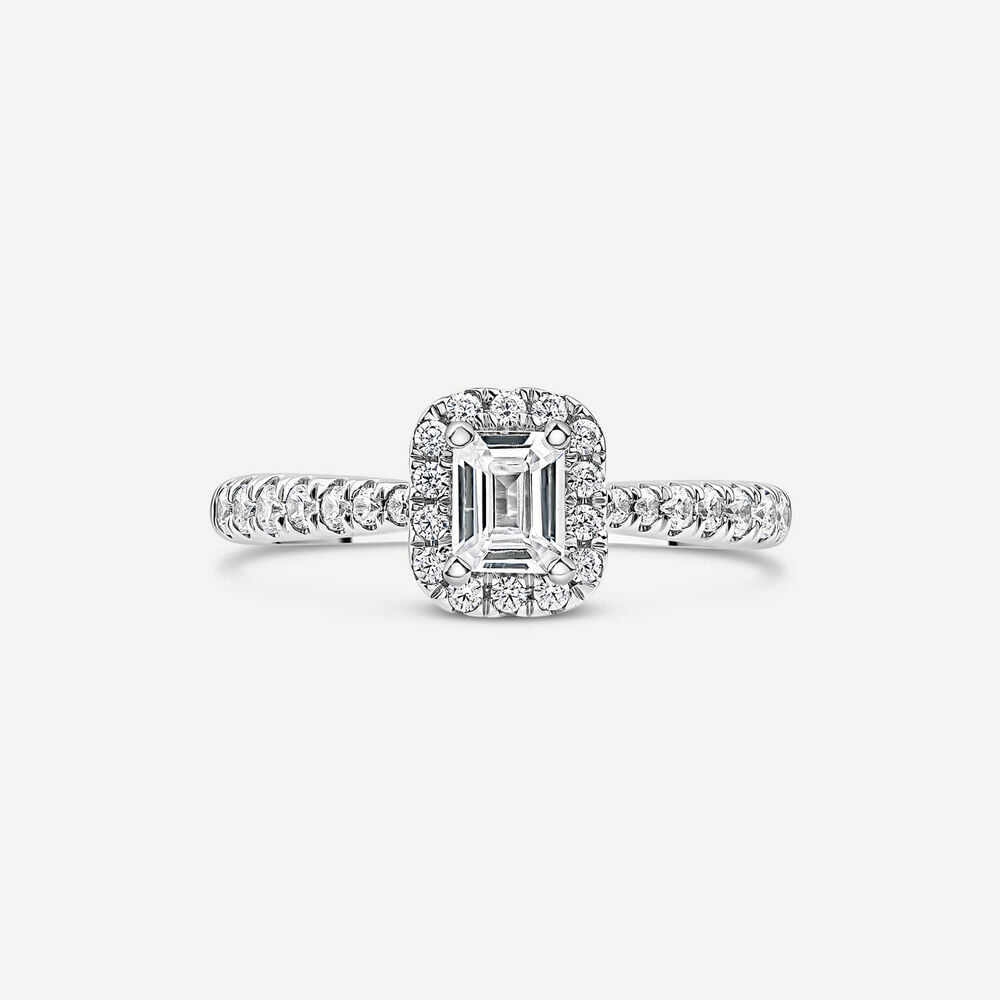 The Orchid Setting 18ct White Gold 0.75ct Emerald Cut Halo Diamond Ring image number 1