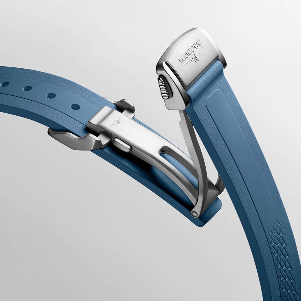 Longines Conquest 34mm Blue Dial Rose Gold Bezel Rubber Strap Watch image number 6