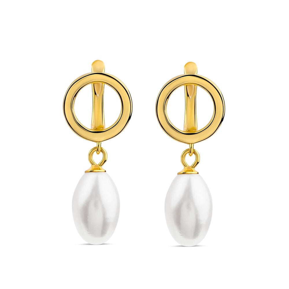 Yellow Gold Plated Sterling Silver Open Circle Freshwater Pearl Drop Earrings