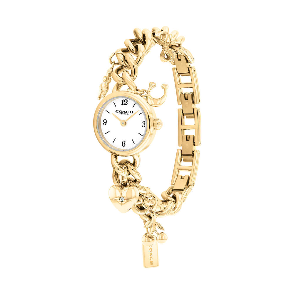 Coach Iris 22mm White Dial Gold Tone Steel Charm Bracelet Watch