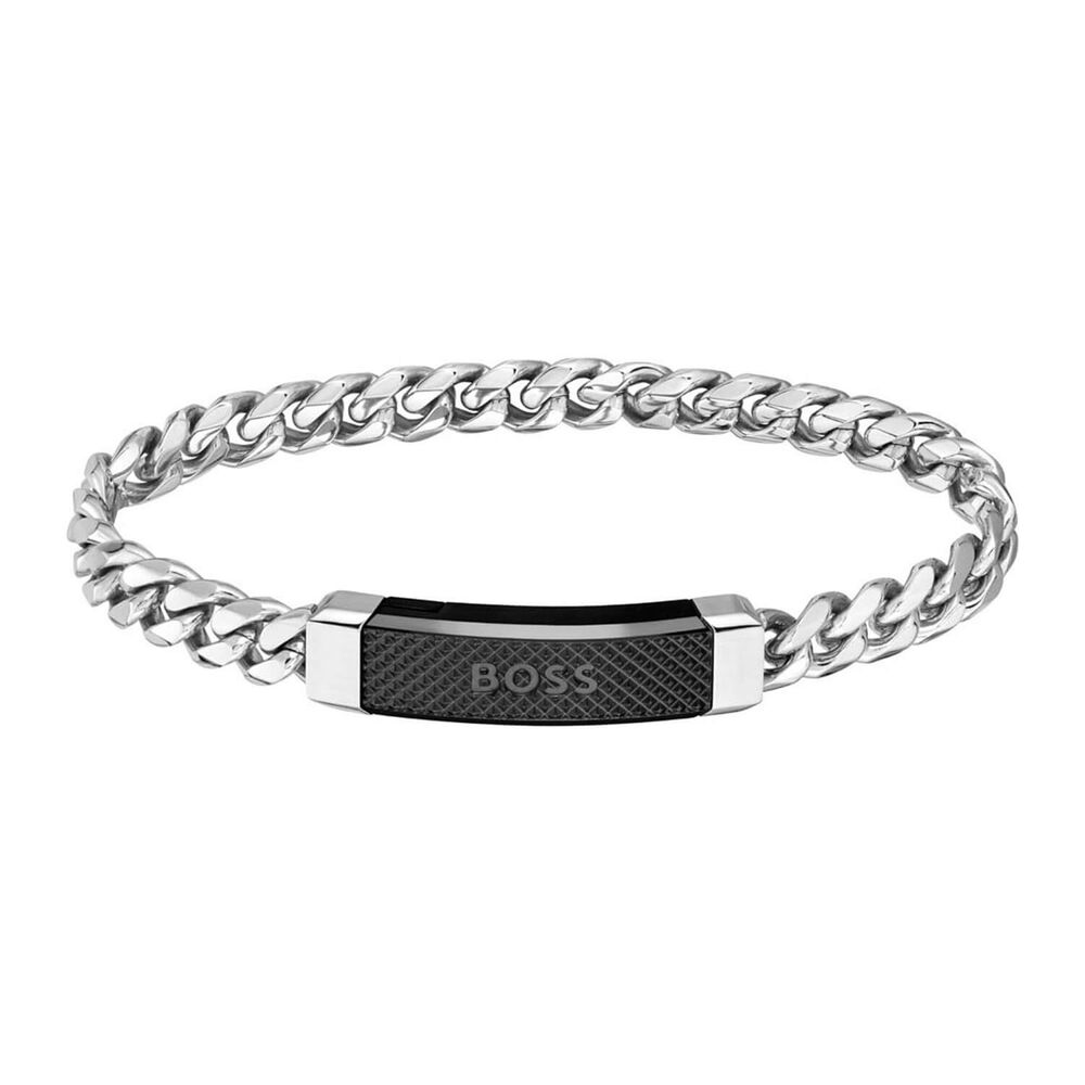 Hugo BOSS Steel Chain Black IP Closure Plate Mens Bracelet