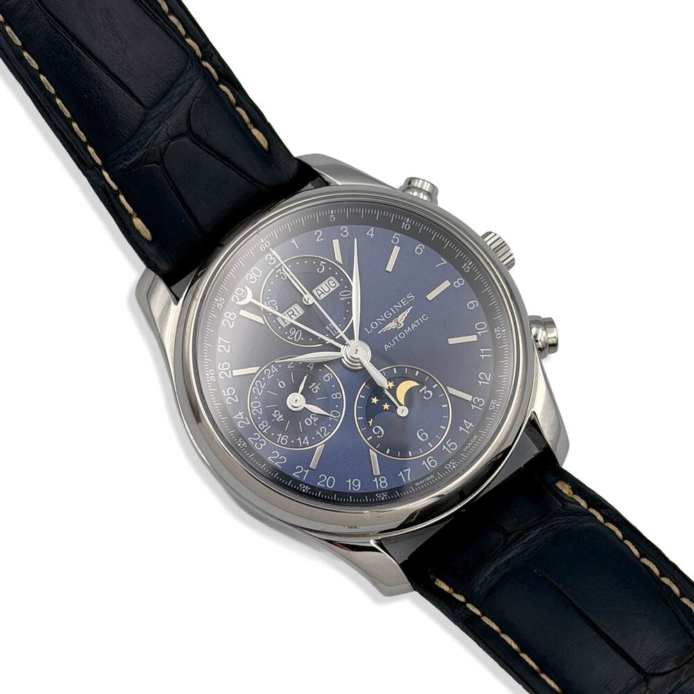 Pre-Owned Longines Master Collection Chrono Moonphase 40mm Blue Dial Leather Strap Watch