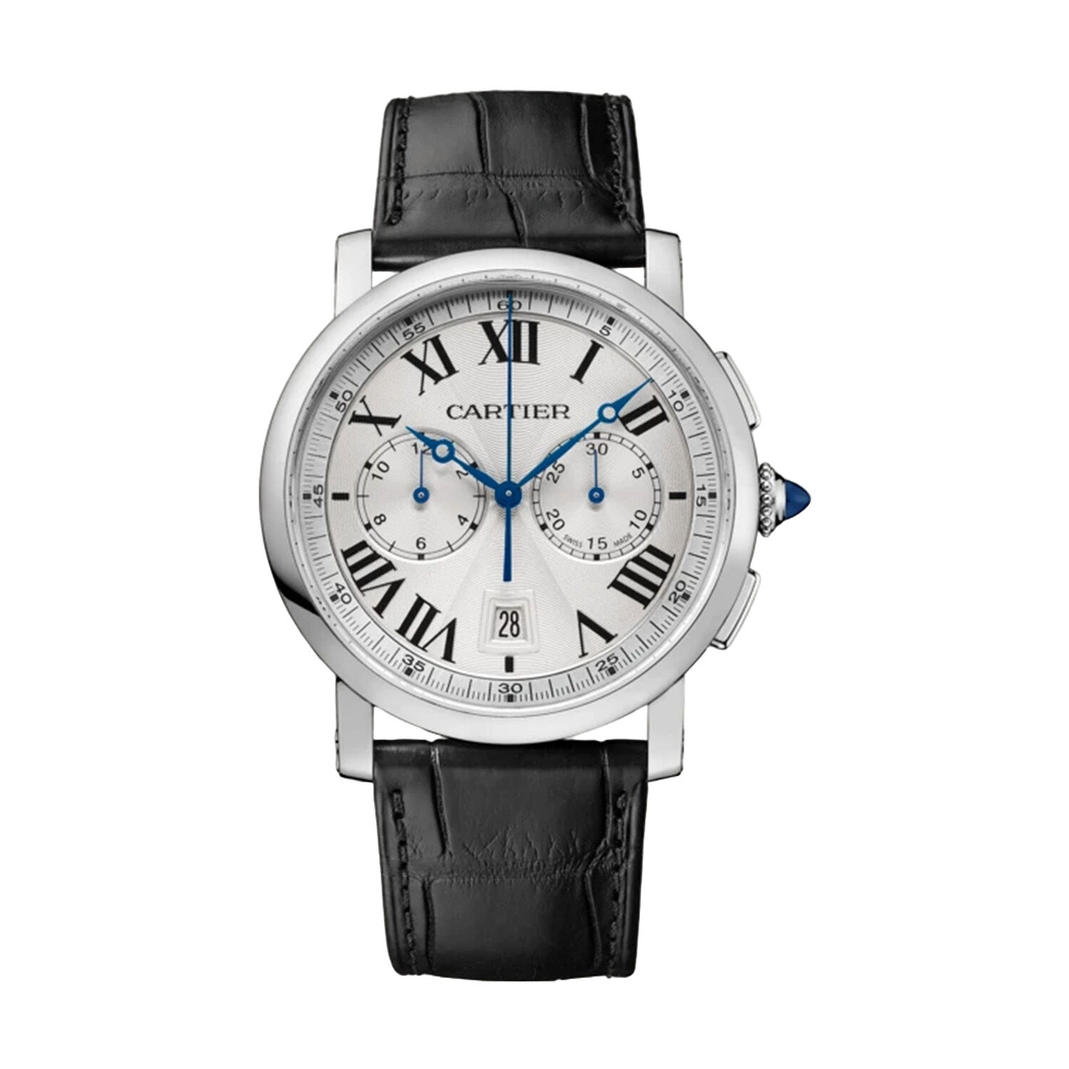 Pre Owned Cartier Rotonde Chronograph 40mm Silver Dial Black Leather Strap Watch