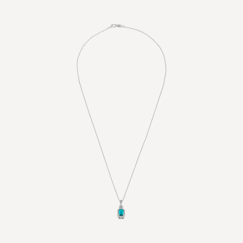 9ct White Gold Rectangular Blue Topaz & 0.10ct Diamond Halo Pendant image number 2
