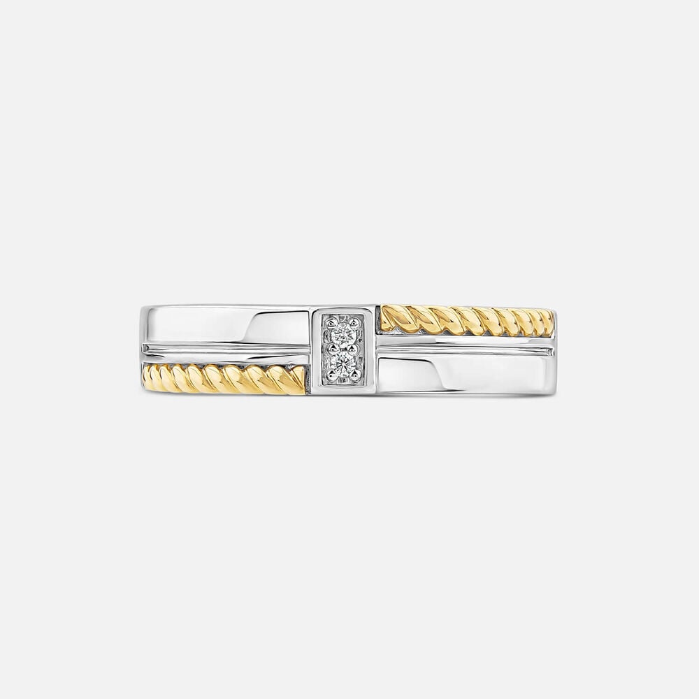 Sterling Silver & 9ct Yellow Gold 0.02ct Diamond Centre Rope Edge Ring