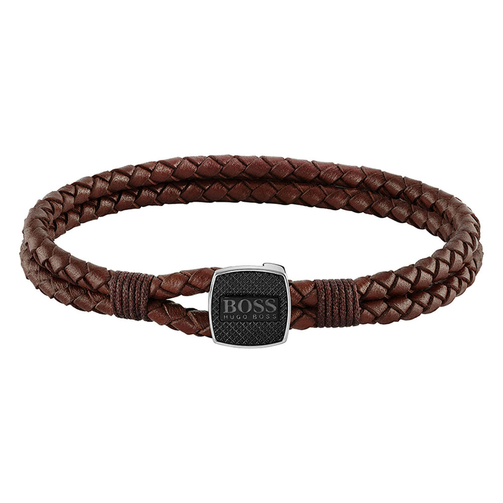 BOSS Gents Seal Braided Brown Leather Bracelet