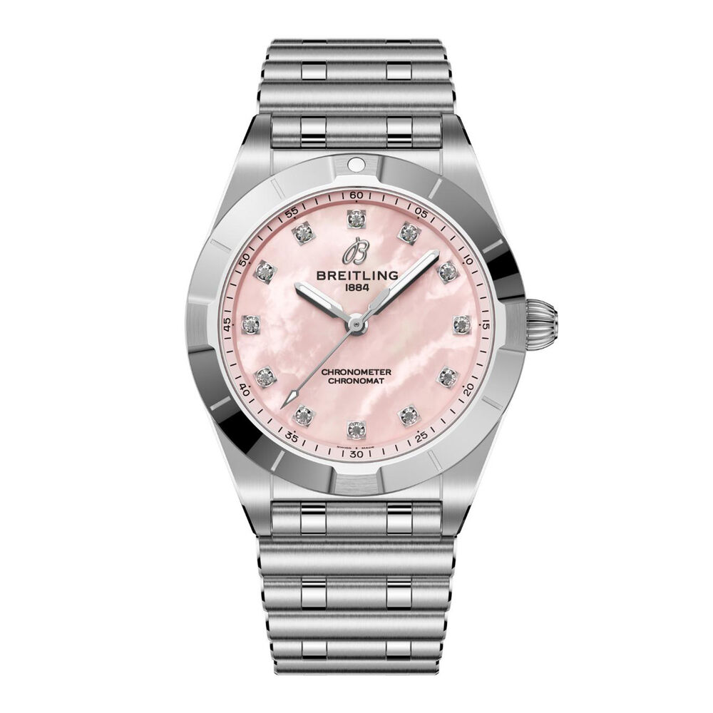 Breitling Chronomat 28mm Pink MOP Dial Diamond Dots Steel Bracelet Watch image number 0