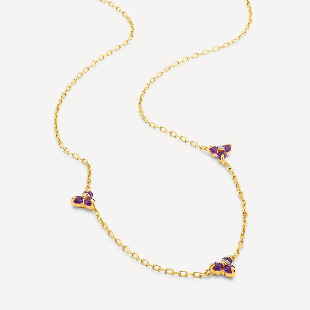 9ct Yellow Gold Amethyst Trefoil Diamond Centre Necklet image number 2