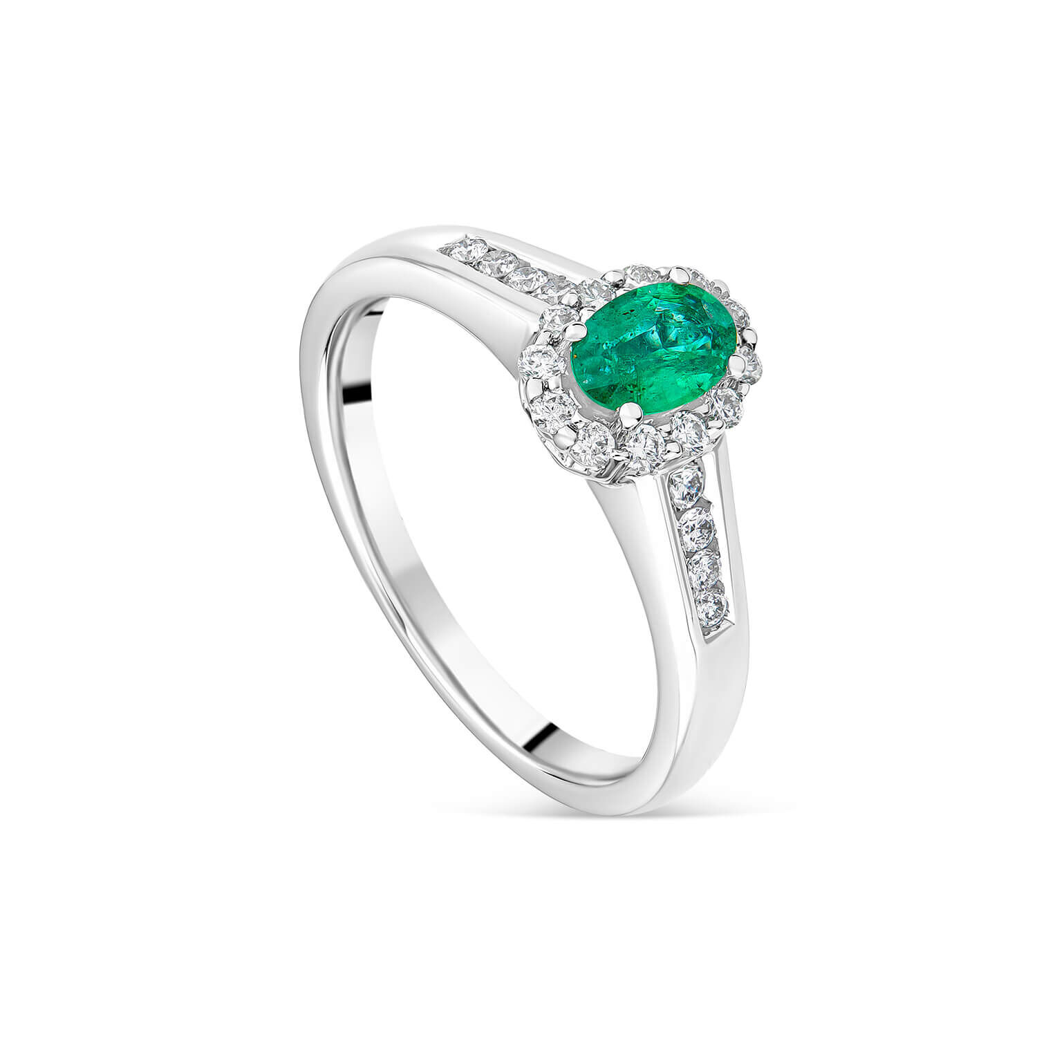 18ct White Gold Oval Emerald 0.25ct Diamond Cluster Channel Shoulders Ring
