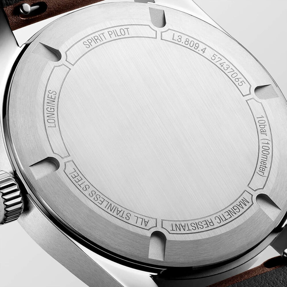 Longines Spirit Pilot 39mm Black Dial Brown Leather Strap Watch image number 4