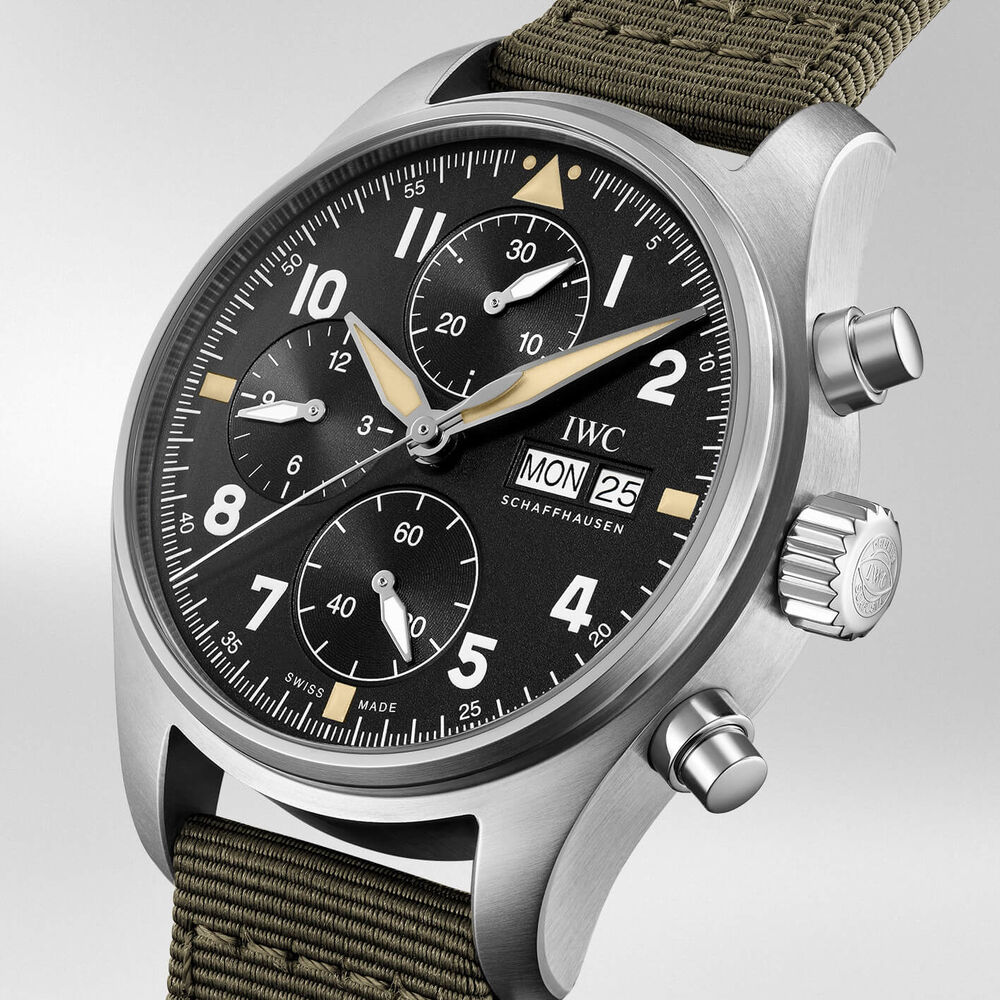 IWC Schaffhausen Pilot's Watch Chronograph Spitfire Black Dial Green Strap Watch