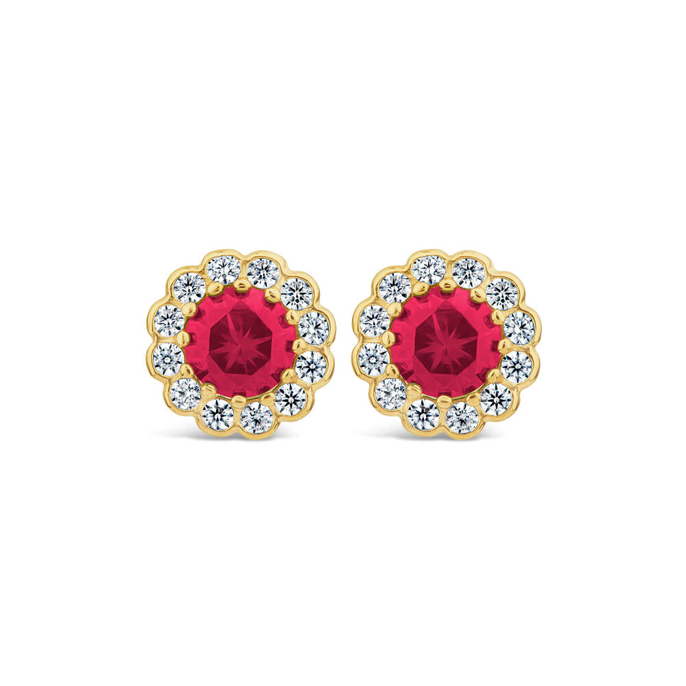 9ct Yellow Gold Simulated Ruby Flower Stud Earrings