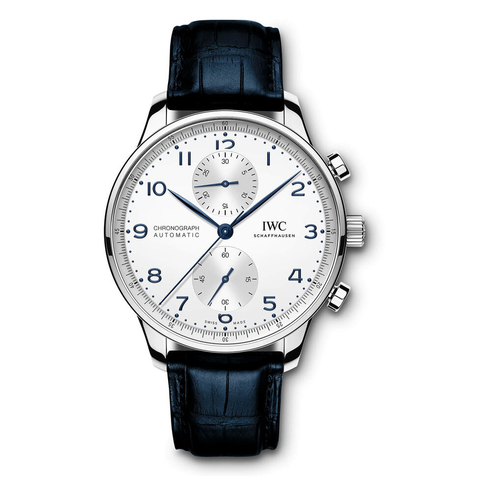 IWC Schaffhausen Portugieser Chronograph Silver Dial Blue Strap Watch image number 0