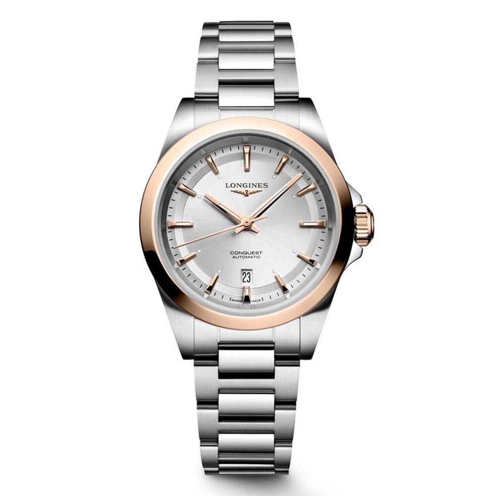 Longines Conquest 30mm Silver Dial 18ct Rose Gold Bezel Steel Bracelet Watch image number 0