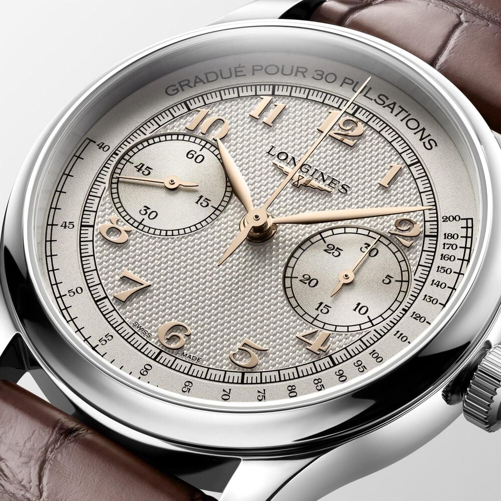 Longines Master Collection Chrono Moonphase 41mm Silver Barleycorn Dial Leather Strap Watch