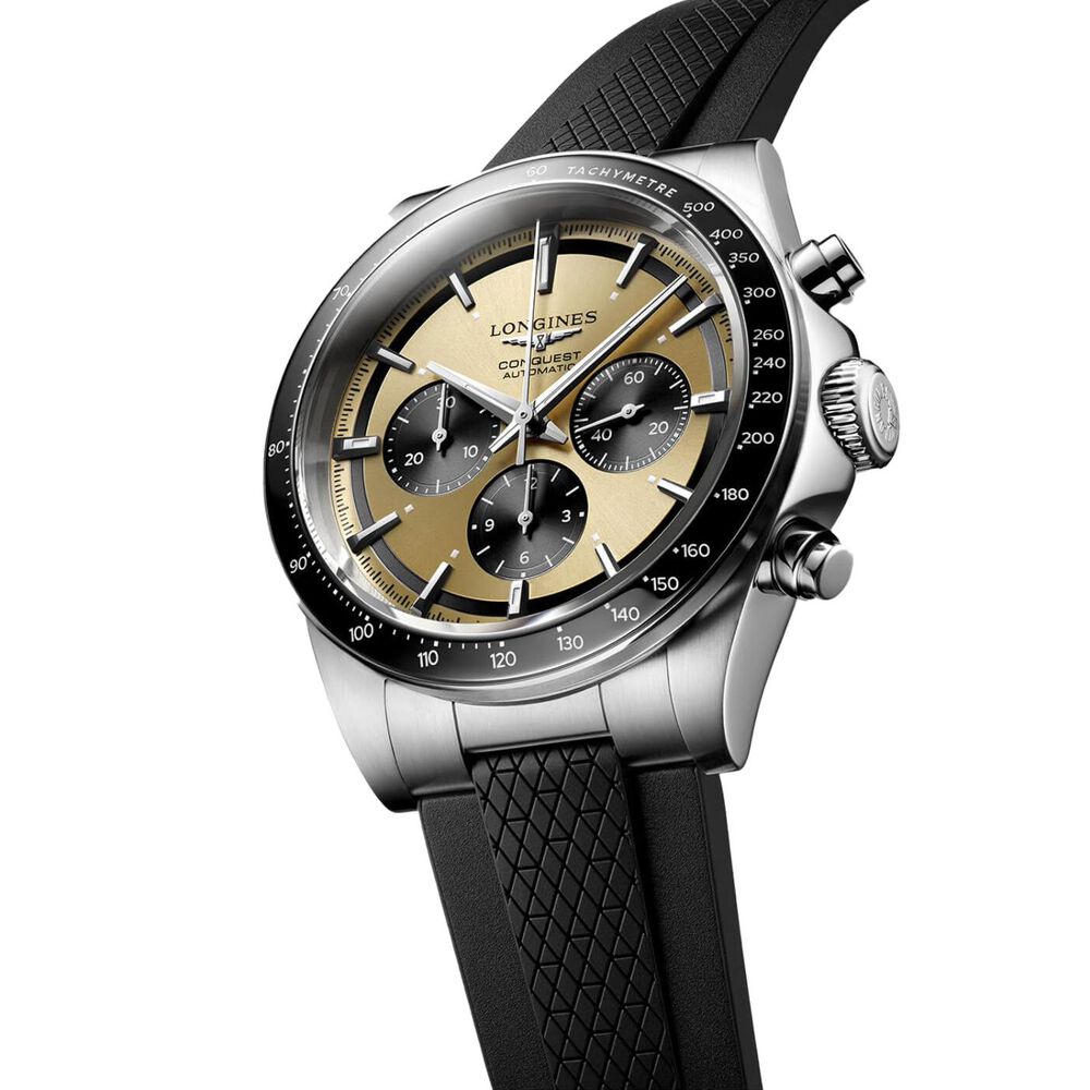 Longines Conquest Chronograph 42mm Champagne Dial Black Rubber Strap Watch