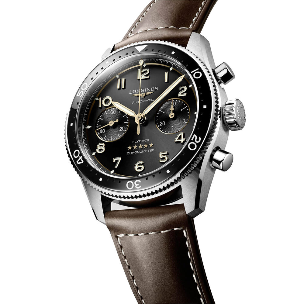 Longines Spirit Flyback 42mm Black Chronograph Dial Brown Strap Watch image number 2