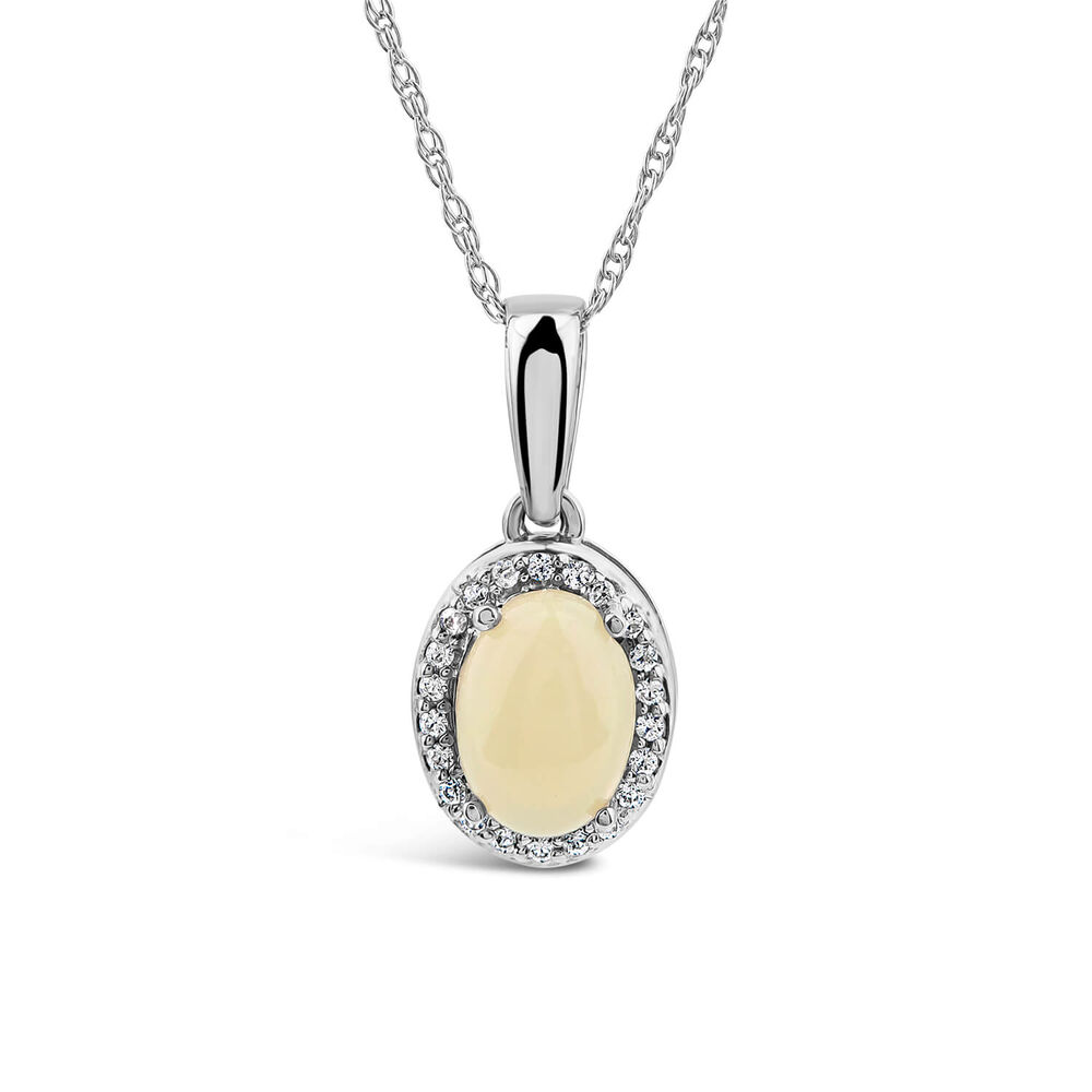 9ct White Gold Oval Opal & 0.06ct Diamond Halo Pendant image number 0
