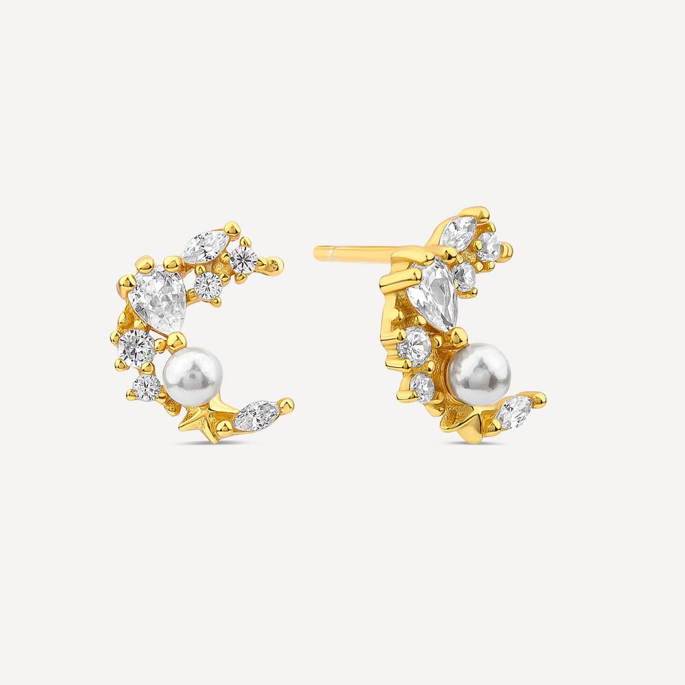 Yellow Gold Plated Sterling Silver Cubic Zirconia & Pearl Half Moon Earrings image number 1