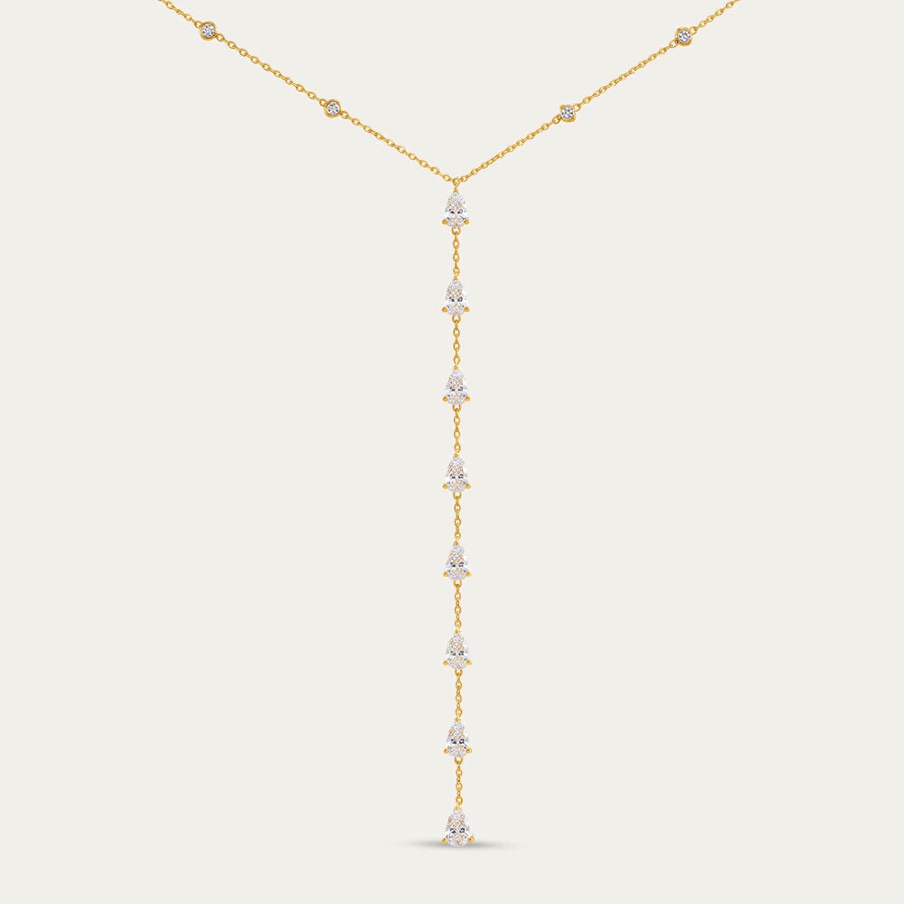 Yellow Gold Plated Sterling Silver Pear Cubic Zirconia Y Drop Necklet