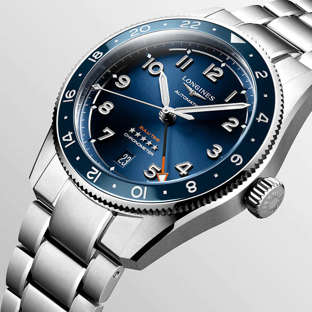 Longines Avigation Spirit Zulu 39mm Blue Sunray Dial Ceramic Case Steel Bracelet Watch