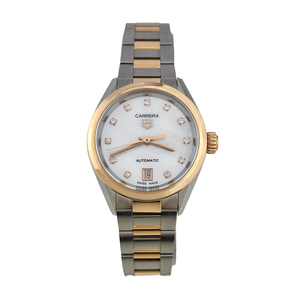 Pre-Owned TAG Heuer Carrera Date 29mm MOP Dial Diamond Dots Steel & Rose Gold Bracelet Watch