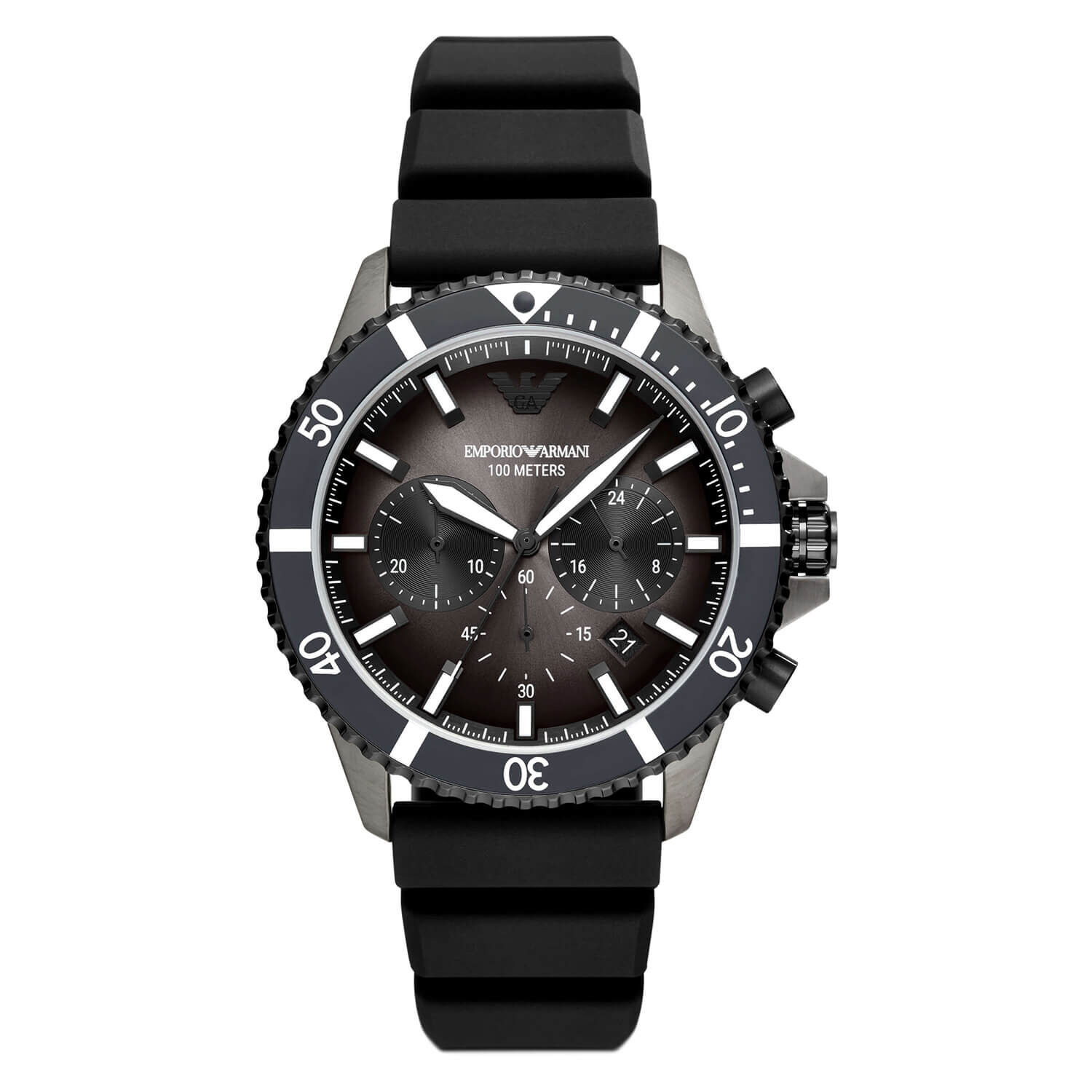 Emporio Armani Diver 43mm Black Dial Black Rubber Strap Watch at