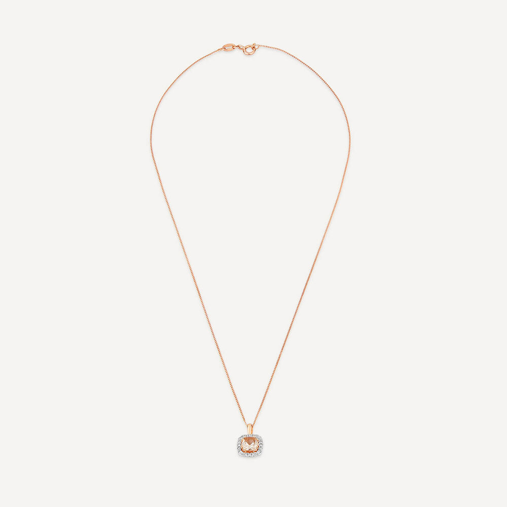 9ct Rose Gold Cushion Morganite & 0.25ct Baguette & Brilliant Diamond Surrounded Pendant image number 2