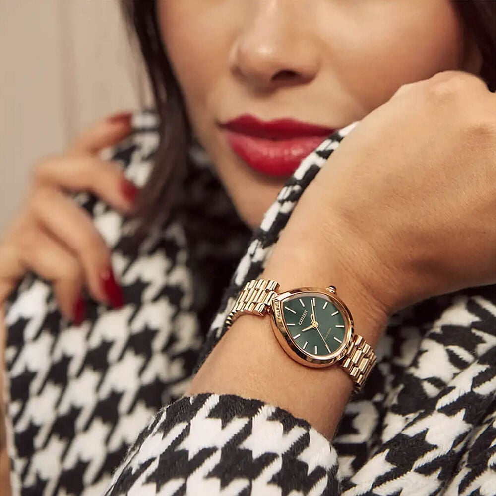 Citizen L Rainell 26x31mm Green Dial & Rose Gold Tone Steel Bracelet Watch image number 3