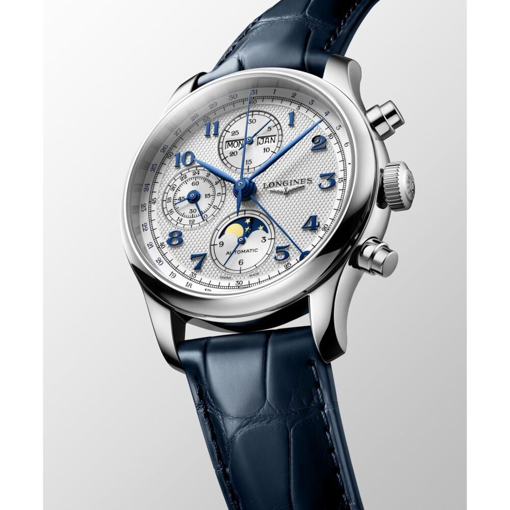 Longines Master Collection Chrono Monopusher 41mm Blue Barleycorn Dial Leather Strap Watch