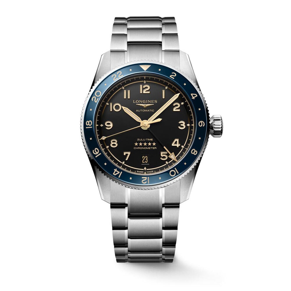 Longines Spirit Zulu Time 39mm Black Dial Blue Bezel Steel Bracelet Watch